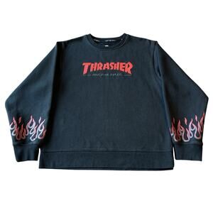 EUC Men's Vans Thrasher Off The Wall Black Flame Sweatshirt | Embroidered MEDIUM